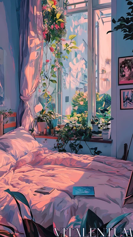 Sunlit bedroom with plants and unmade bed interior scene.