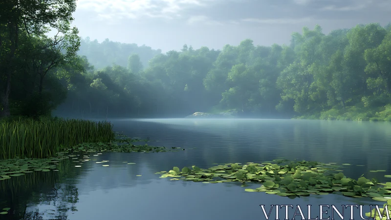 Misty forest lake with reflective water and soft green light.