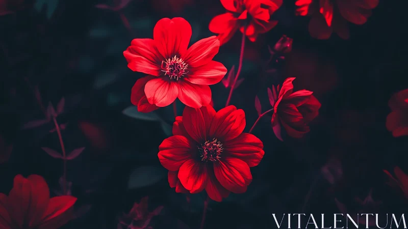 Red Dahlia Blooms Against Shadowed Garden Foliage.