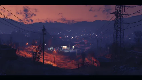 Deserted roadside town glows under violet dusk sky.