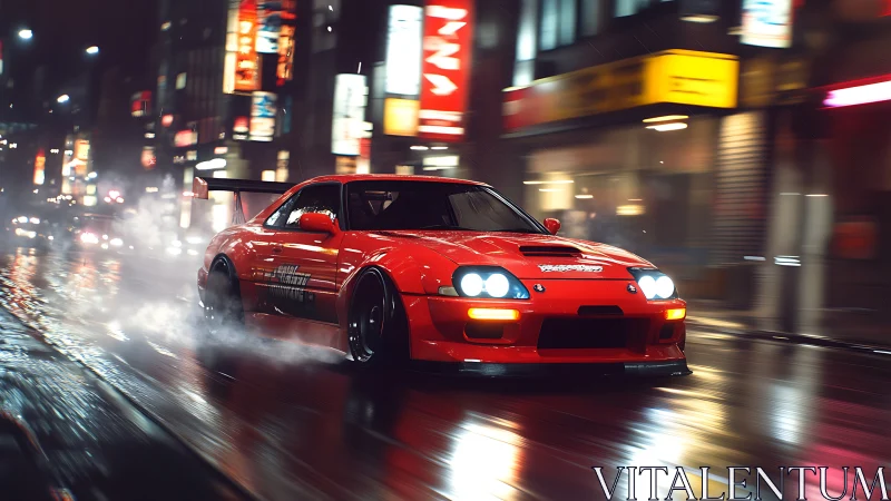 Neon-soaked street racer in dynamic urban night drift scene.