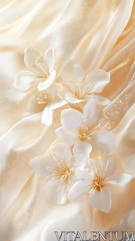 Delicate White Flowers on Silken Cream Fabric Background.