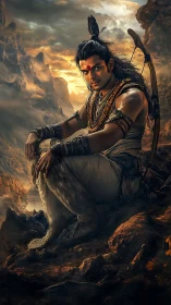 Mythic archer broods in stormlit canyon of molten dusk.