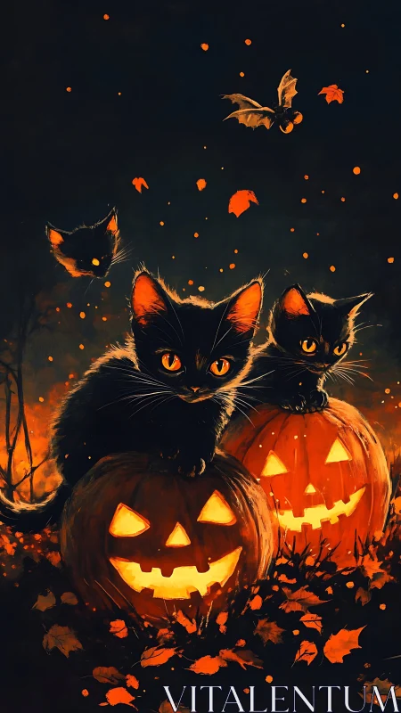 Two Black Cats Celebrate Halloween Among Glowing Jack-o'-Lanterns.