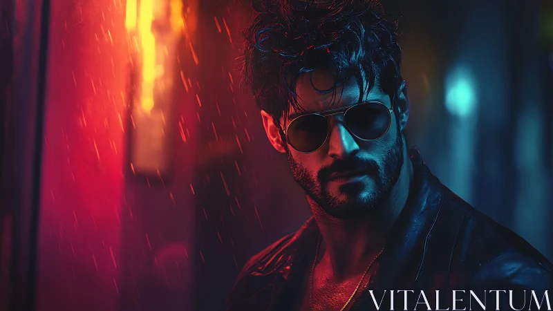 Brooding neon-lit biker in cinematic cyberpunk rain scene.