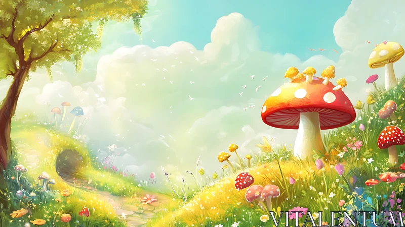 Bright fantasy meadow with giant red mushrooms and flowers.