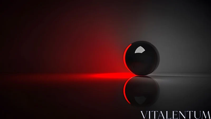 Black Glossy Sphere with Red Light Reflection in Minimalist Style.