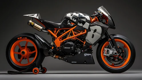 Carbon race superbike with orange frame and bold graphics.