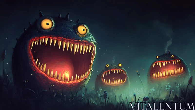 Three glowing-mouthed monsters stand in a misty night field