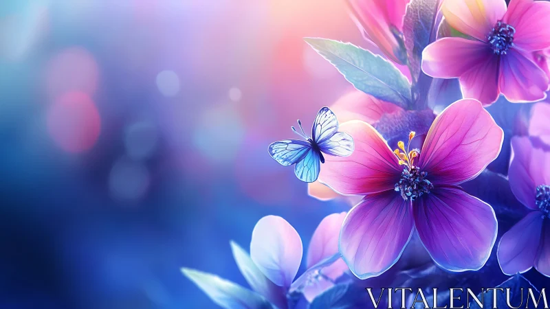 Vibrant Cosmos Flowers with Blue Butterfly Dance.