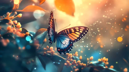 Colorful butterfly resting on flowers in glowing garden.