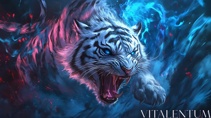 Bioluminescent spectral white tiger lunging through neon vortex