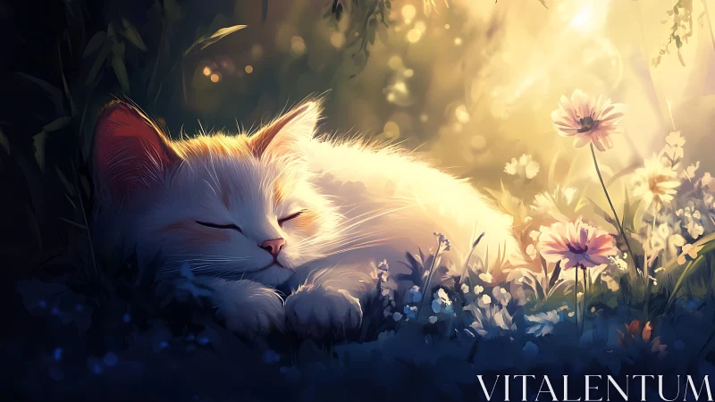 A White Cat Dreams Among Golden Flowers.