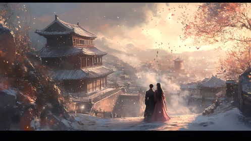 Lovers gaze across a snowy ancient city at sunset.