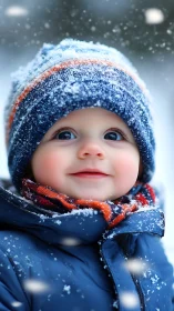 Frosted Wonder: Winter's Grinning Cherub in Snowy Embrace.