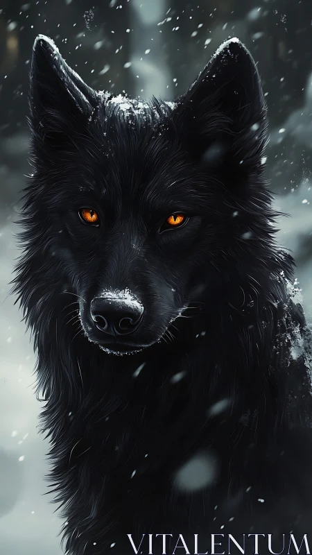 Midnight black wolf with ember eyes in falling snow.