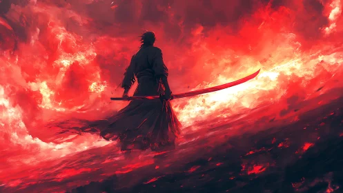 Samurai silhouette with sword against abstract red sky.