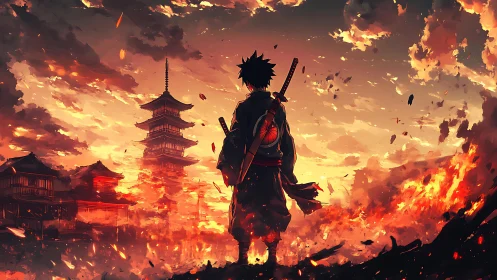 Lone samurai overlooks burning pagoda at sunset horizon.