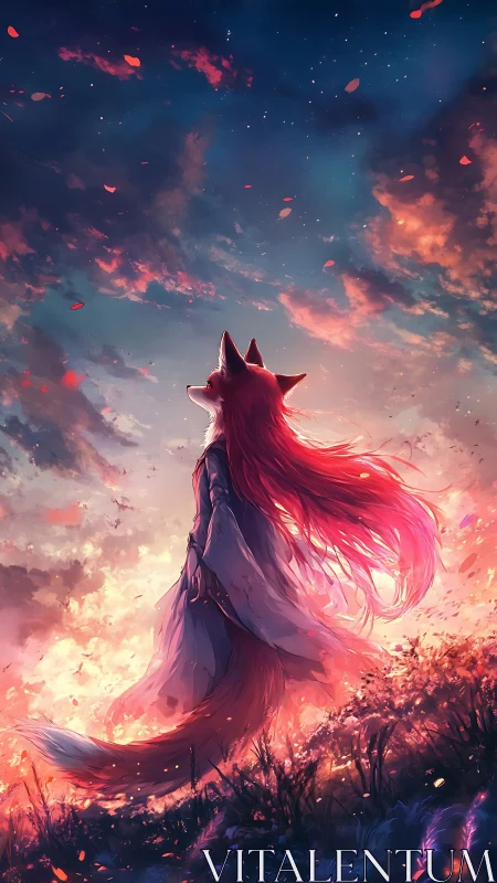 Fox-eared character stands in dusk field beneath clouded sky