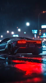 Sleek sports car on wet neon city street at night.
