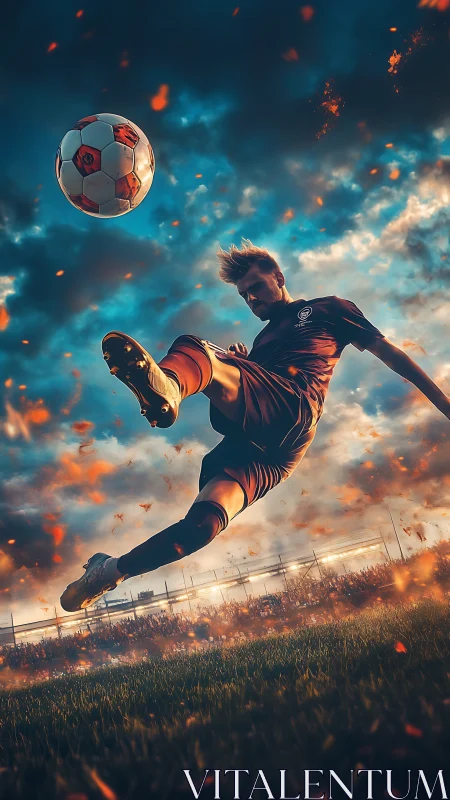 Soccer player executes mid-air kick under dramatic sky