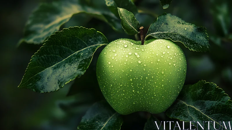 Green apple hangs on branch under glistening dew drops