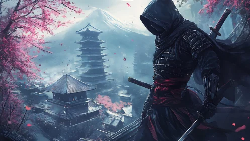Shadowed samurai watching a misty cherry blossom temple.