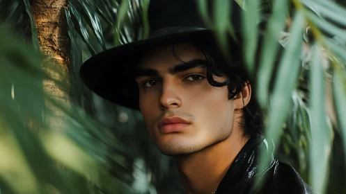 Man in black hat framed by dense green palm leaves.