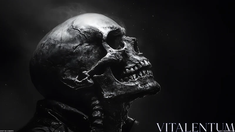 Burnished skull profile under hard cinematic rim light.