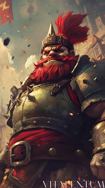 Proud red-bearded dwarf warrior stands watch over his city
