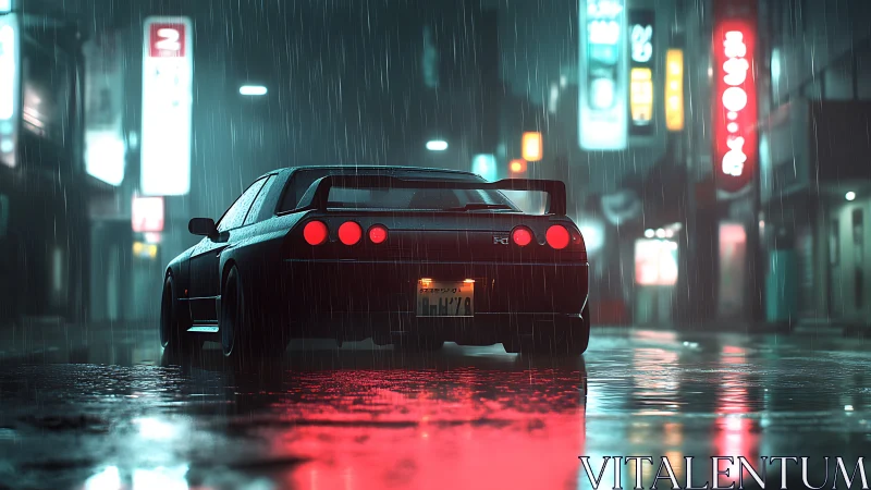 Retro sports car idles under neon rain in cinematic alley