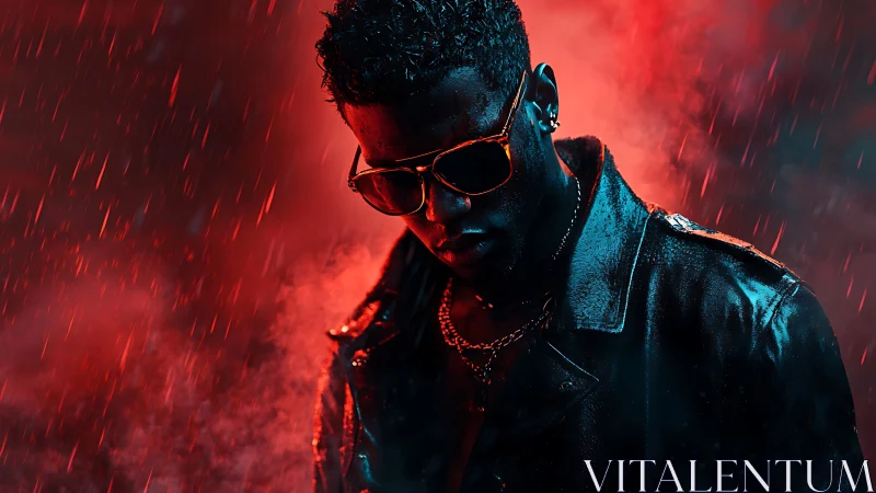 High-contrast red backlit portrait with wet leather and rain streaks