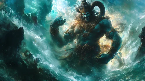 Ocean war god rises in thunderous storm of teal fury.