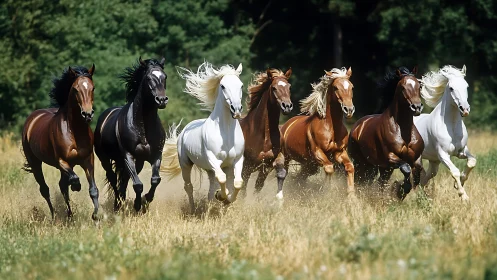 Wild-maned stallions thunder across a sunlit meadow in stride.