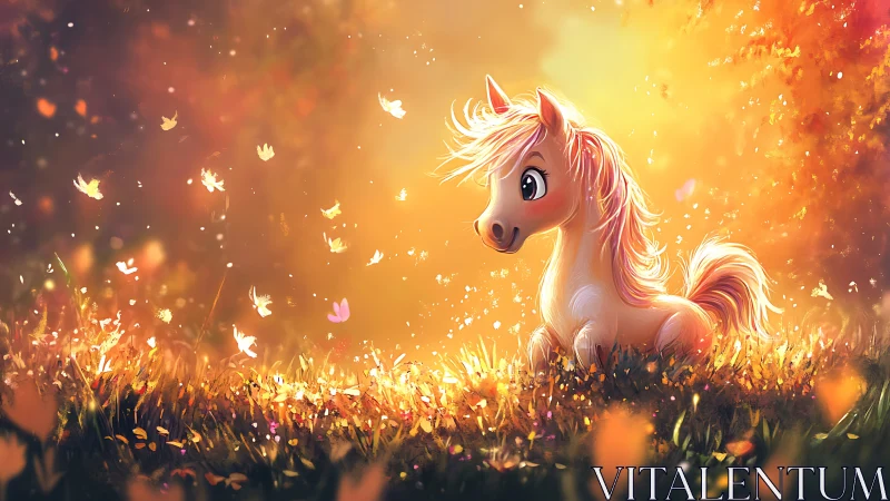 Luminous autumn pony under volumetric golden foliage glow.