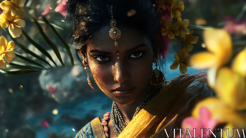 Enigmatic woman gazes through flowers in golden twilight