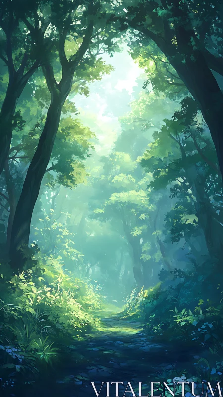 Sunlit forest path with layered canopy opening to diffused light