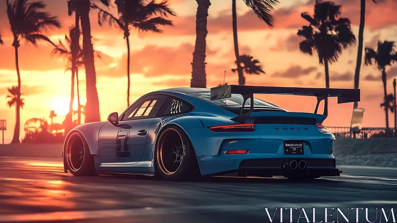 Digital painting of track-ready Porsche at sunset boulevard.