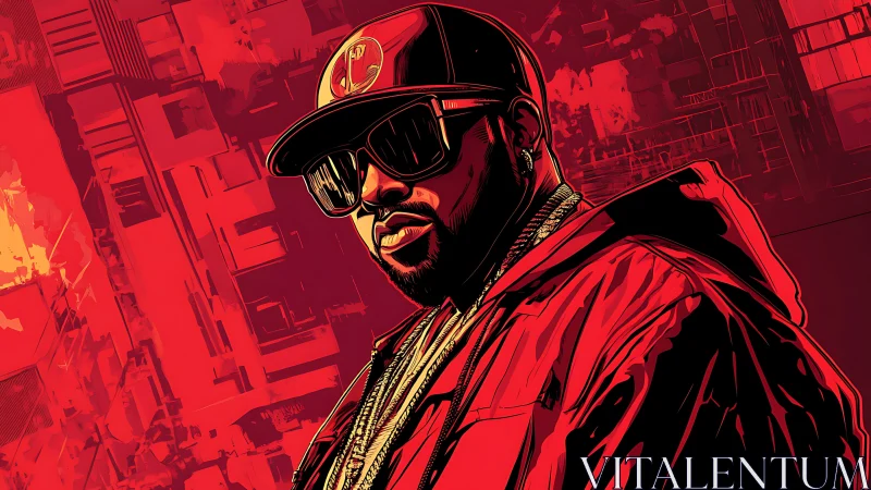 Bold hip-hop portrait glows in neon red cityscape.