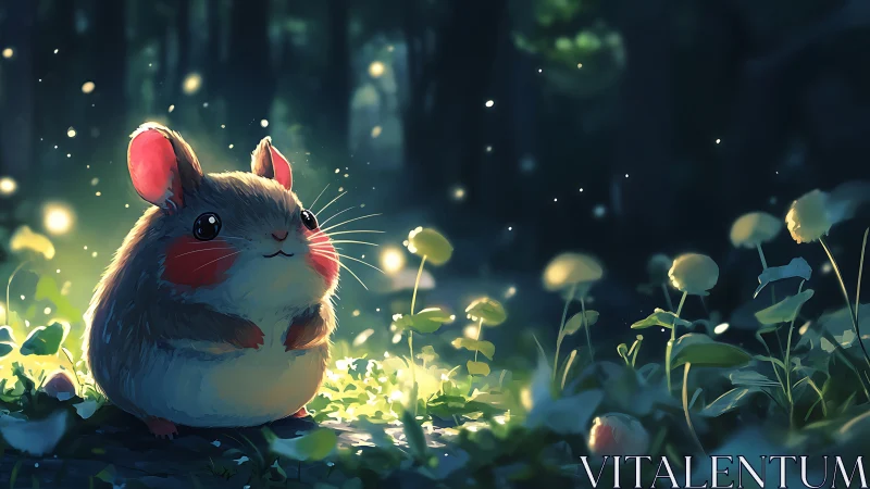 Round forest mouse sits among glowing backlit flowers