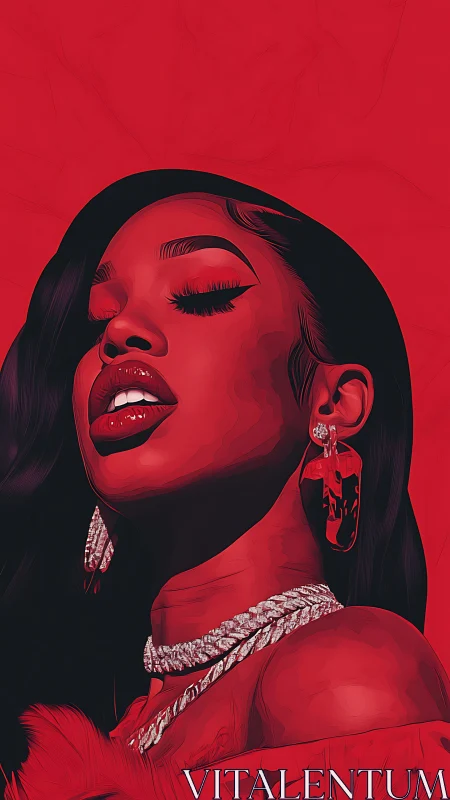 High-contrast red portrait with jeweled accessories and glossed lips.