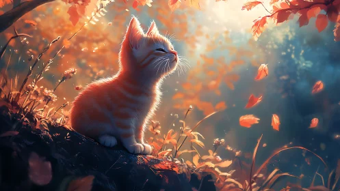 White Kitten Observing Autumn Foliage in Golden Light.