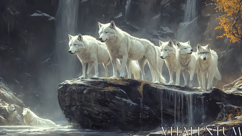 Digital painting of white wolves on basalt ledge in misted gorge.