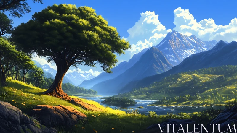 Sunlit tree welcomes quiet river valley and bright peaks