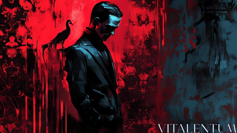 Crimson corridor of crows and a sharply suited shadow.