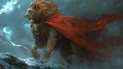 Majestic lion guardian striding through stormlit mountains.