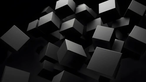 Floating black cubes form dense geometric cluster in darkness