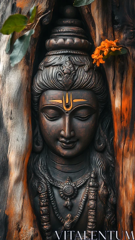 Serene carved deity rests in warm wood and gentle blooms