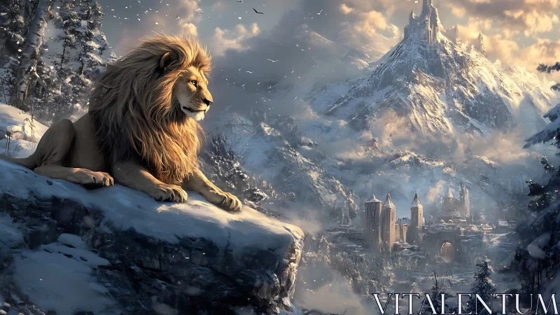 Regal lion overlooking a snowbound fantasy citadel.