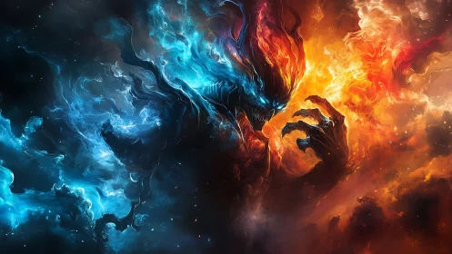 Elemental humanoid figure in blue and orange energy clouds.